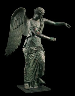 mythologyofthepoetandthemuse:Winged Nike or Victory of Brescia, a bronze statue from 3rd-century-BC Greece, reworked in the 1st century AD during the Roman Imperial period. The Hellenic original portrayed Venus, looking at her reflection on Ares’s