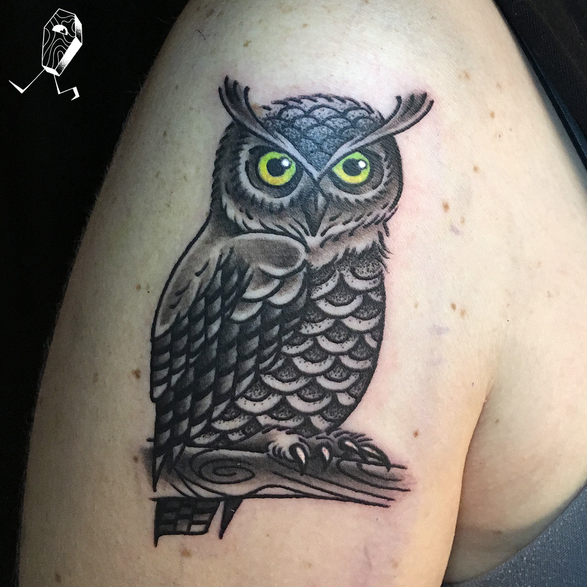 Black matching owl sibling tattoos on nape for sisters
