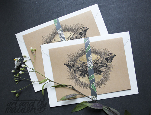 New bee and moth cards, all hand-painted with gold ink<3. You can find them on my Etsy