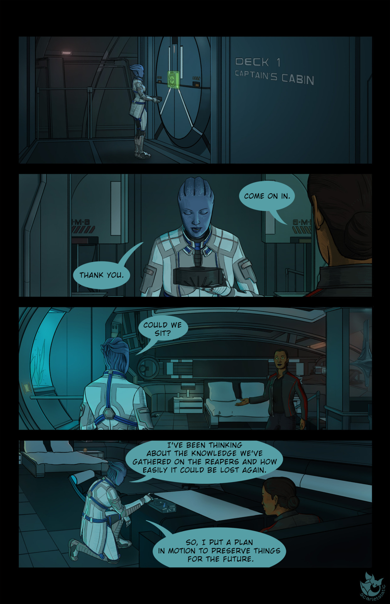 scarletstatic:  A comic page of the start of Liara’s time capsule scene in Mass