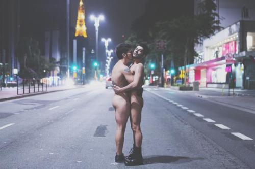 nakeddamienboy:  Brazilian Gay Couple Strips Naked To Protest Homophobia Some sign a Change.org petition or send a Tweet to protest homophobia, some strip fully nude in the middle of one of the largest cities in the world. Real life couple Felippe and