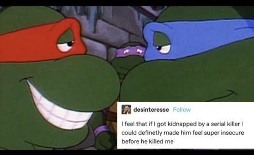 a screenshot of 1987 Raph and Leo edited with a tumblr text post by @desinteresse: "I feel that if I got kidnapped by a serial killer I could definetly made him feel super insecure before he killed me"