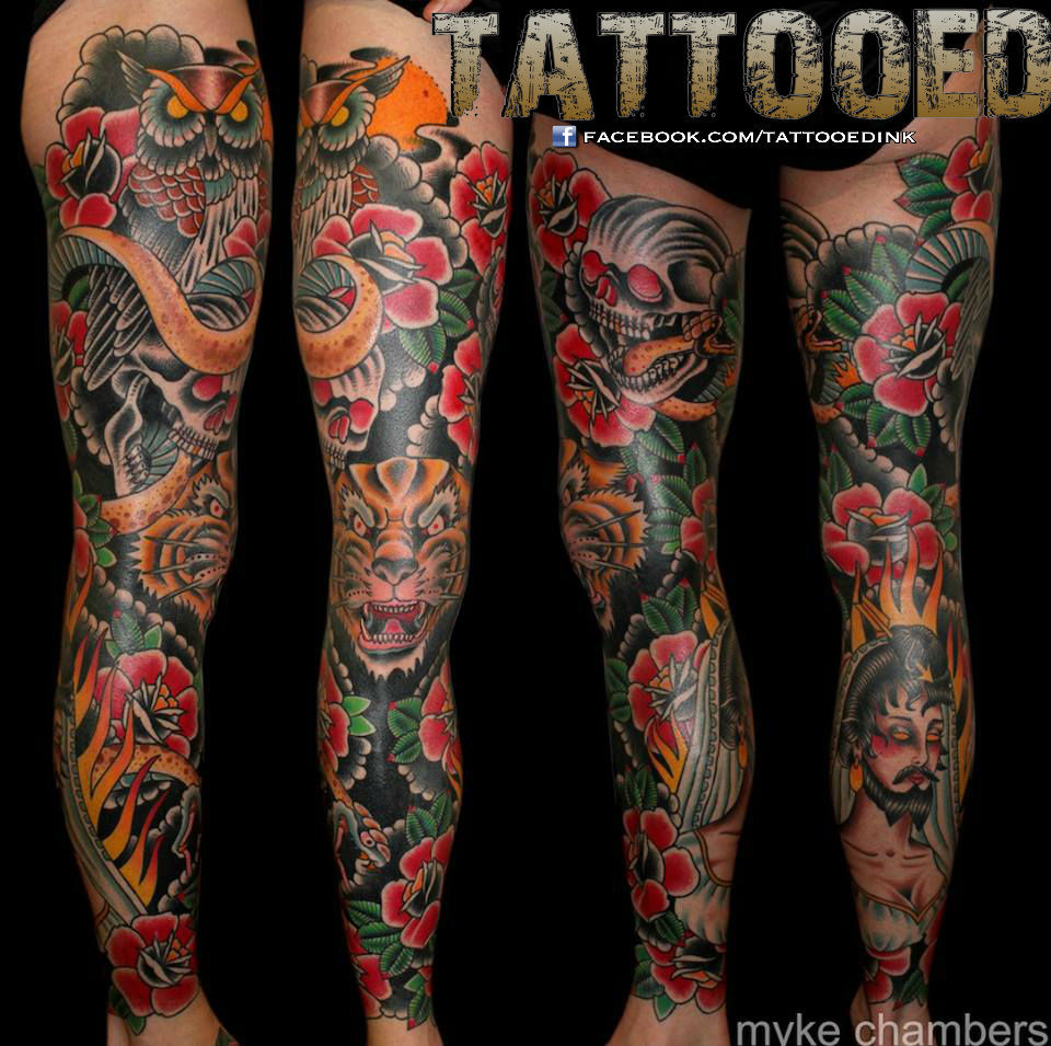 Traditional Leg Sleeve by Aran Campas TattooNOW