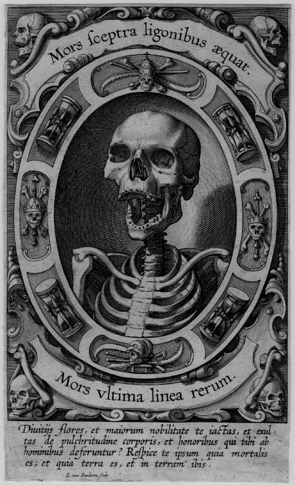 Philips Galle, 1570. Mors Sceptra Ligonibus Aequat. “Death Makes Sceptres And Hoes Equal.” Mors Vltima
