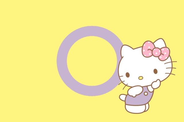 An image of a colour picked intersex pride flag matching Hello Kitty’s pastel colour palette. Hello Kitty is overlaid on its right side, holding a hand to her face. 