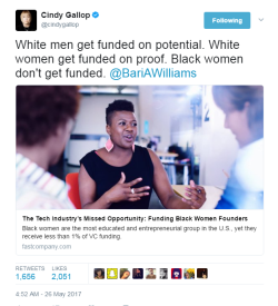 profeminist: Tweet source The Tech Industry’s Missed Opportunity: Funding Black Women Founders Black women are the most educated and entrepreneurial group in the U.S., yet they receive less than 1% of VC funding. 