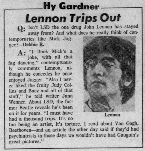 John Lennon is not such a big fan of Mick Jagger, Judy Collins or Joan Baez (1972).