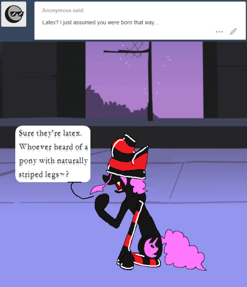 darkfiretaimatsu:Bright red stripes only occur in nature if you’re a candy cane, silly! Not a pony’s legs~ Wow, I really should’ve washed this out before putting it on my face~Gasp! A naked PinkieTai leg!