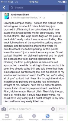 s-a-l-a-m:  I found this on Twitter this morning. I go to school in Arlington, TX. Ya rab protect us all. If you’re at school and you see someone following you, please contact the police immediately. Nothing strange happened to me yet but I’m paranoid.