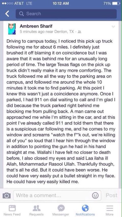 peterandstiles:  peterandstiles:squarter:s-a-l-a-m:I go to school in Arlington, TX. Ya rab protect us all. If you’re at school and you see someone following you, please contact the police immediately. Nothing strange happened to me yet but I’m paranoid.