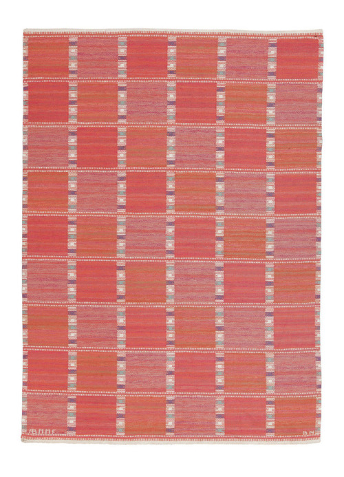 Barbro Nilsson, 1/Knotted carpet Gyllenrutan, designed in 1945. 2/ Carpet Falurutan mörk, designed i