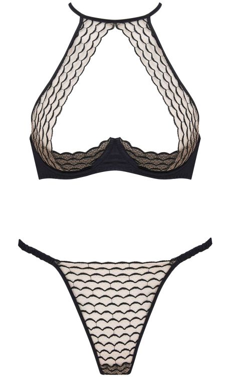 Coco de Mer | Selva • open halter bra + Brazilian knicker in semi sheer tulle + rippling embroidery 
