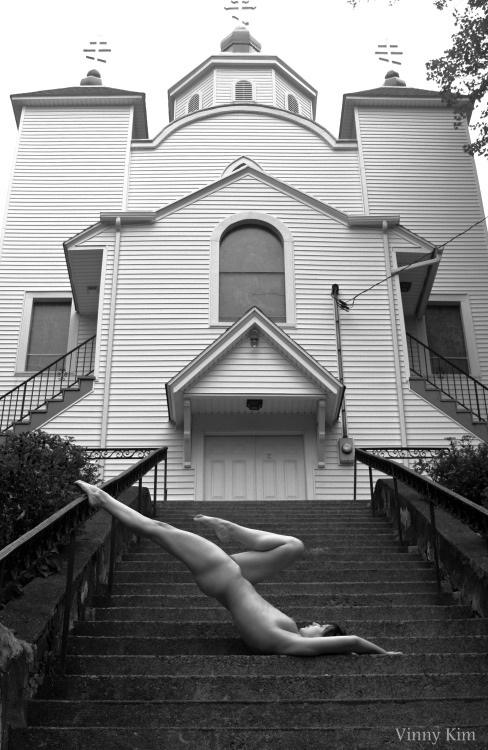 vinnysphotoblog:  Gwen convinced me to get a few shots of her on the steps of this Greek Orthodox ch