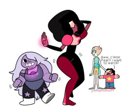 jadethegemstoneart:  So sorry that I havent been updating on this blog. The hiatus had me a bit discouraged but Im back and I promise to update more often!  Here is Amethyst &amp; Garnet dancing, with a flustered Pearl and Steven in the background.
