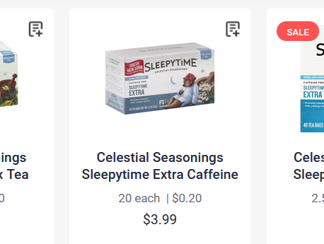 A screenshot of a product listing that shows a box of Sleepytime tea and a product title of "Celestials Seasonings Sleepytime Extra Caffeine"