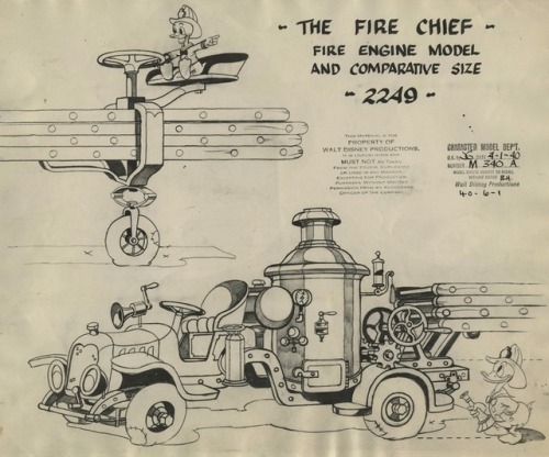 ‪Production art from various 1940s Disney cartoons: The Fire Chief (1940), No Sail (1945), and Light