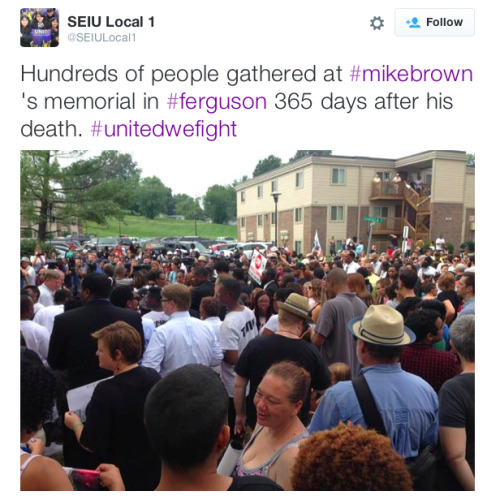 justice4mikebrown: August 9, 2015One year later, hundreds of people gather on Canfield Drive in memo