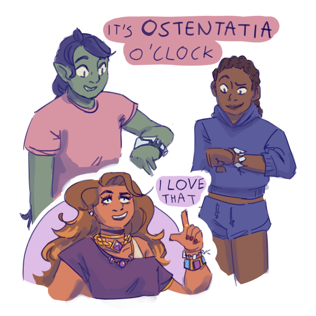 [ID: Digital sketches of Katja Antiope and Ostentatia from The Seven. Katja is saying "It's Ostentatia o'clock!" as she and Antiope look at their wrists. Ostentatia is saying "I love that." End ID]