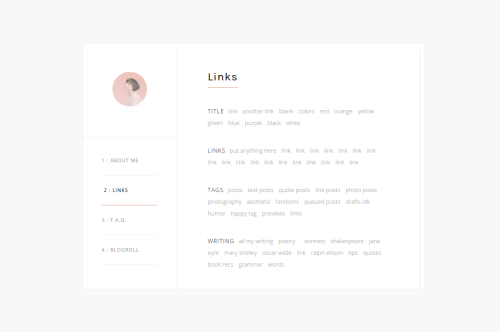 opulenthemes: Luna an all-in-one page with an about me, navigation, F.A.Q., and blogroll section.  I