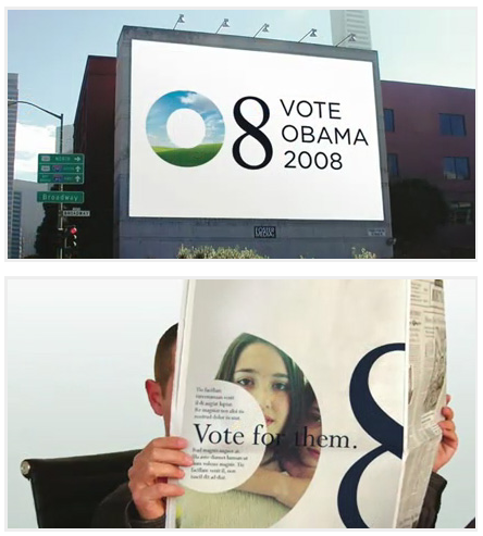 “ This was one of the final three candidates for the Obama campaign logo: a transparent O that could be “masked” over various images.
Sol Sender, head of the campaign’s design team, said of this logo, “This masking of different photos with the O...