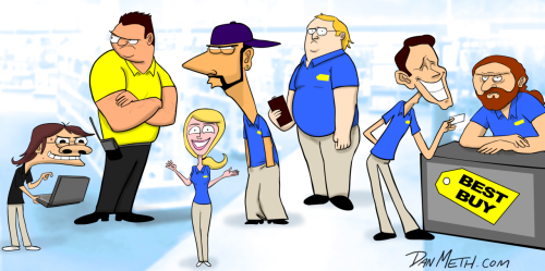 I did a bunch of illustrations for a new Gizmodo.com article: The Seven Types of Best Buy Employees. It’s a funny article so have a look.
For a bigger view, click here.
UPDATE: This article prompted a bitter response on the blog Best Buy’s CEO.....