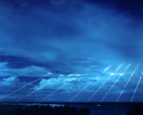 Peacekeeper reentry vehicles LGM-118A Peacekeeper missile system being tested at the Kwajalein Atoll in the Marshall Islands, 1983