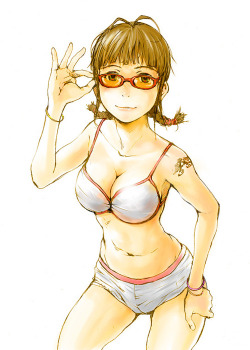 akizuki_ritsuko bikini braid glasses idolmaster swimsuit tamaoki_benkyou tattoos