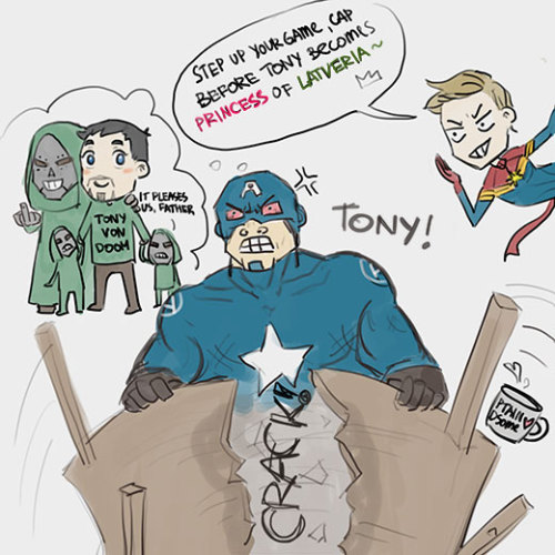 lokefanart:  don’t worry, steve, you’re still his captain handsome ◉‿◉  tony von doom though, it’s ridiculous and hilarious and so tsundere 