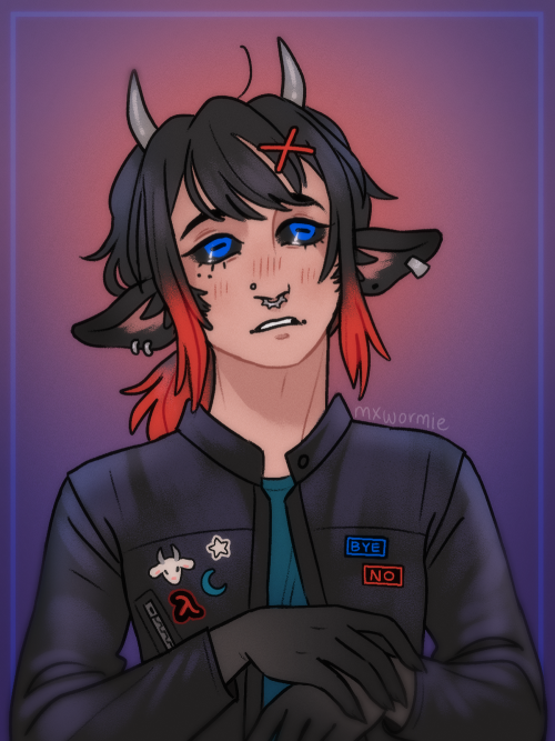 a drawing of a demon guy with black hair with red tips, small horns, black lamb ears, eyes with black sclera and blue pupils, gradient to black clawed hands, and he is wearing a black leather jacket with patches