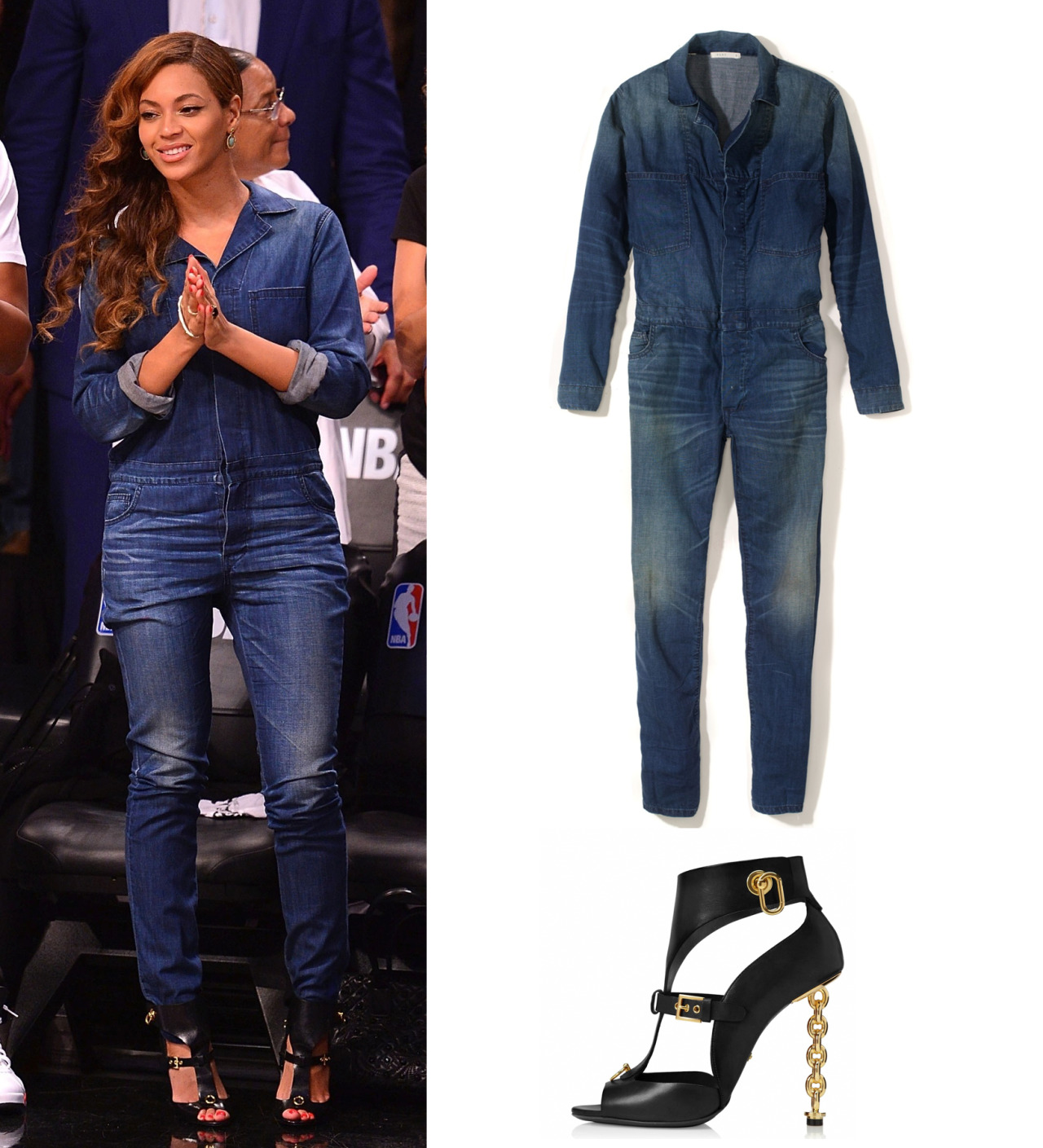 beyonceinfo:
“ Beyoncé was wearing 6397 hidden placket denim jumpsuit ($595) and Tom Ford leather chain heel gladiator sandals ($2,300)
”