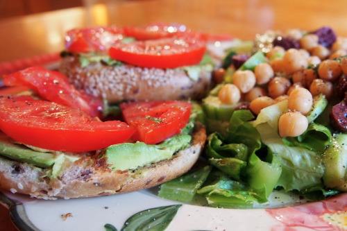 vegandrine:Avo-tomato toast on a flax seed bagel (: