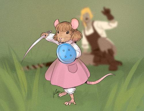 yinza:One of @needlekind’s delightful OCs. She’s gonna protect him from the nasty cat!![Image Description: Digital artwork of a mouse in a pink dress. She stands in the grass brandishing a sewing needle for a sword and holding a blue button for a