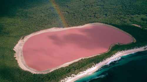 These pictures maybe misleading. The top one looks like it was taken at Lake Hillier, a lake on an i