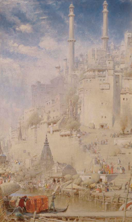 oldpaintings:A View of Benares from the Ganga River with the Great Mosque of Auranzeb, the Vishwanat