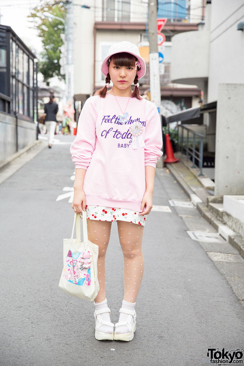 tokyo-fashion: Urarabbit on the street in Harajuku wearing a resale pink sweater with cherry print s