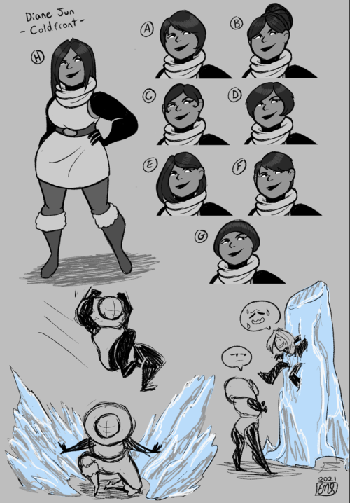 More wip personal project stuff! Today we have concepts for Coldfront as civilian and supervillain f