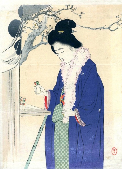 wonderlartcafe:Bijin Visiting a Temple in the New Year, by Mizuno Toshikata, 1900