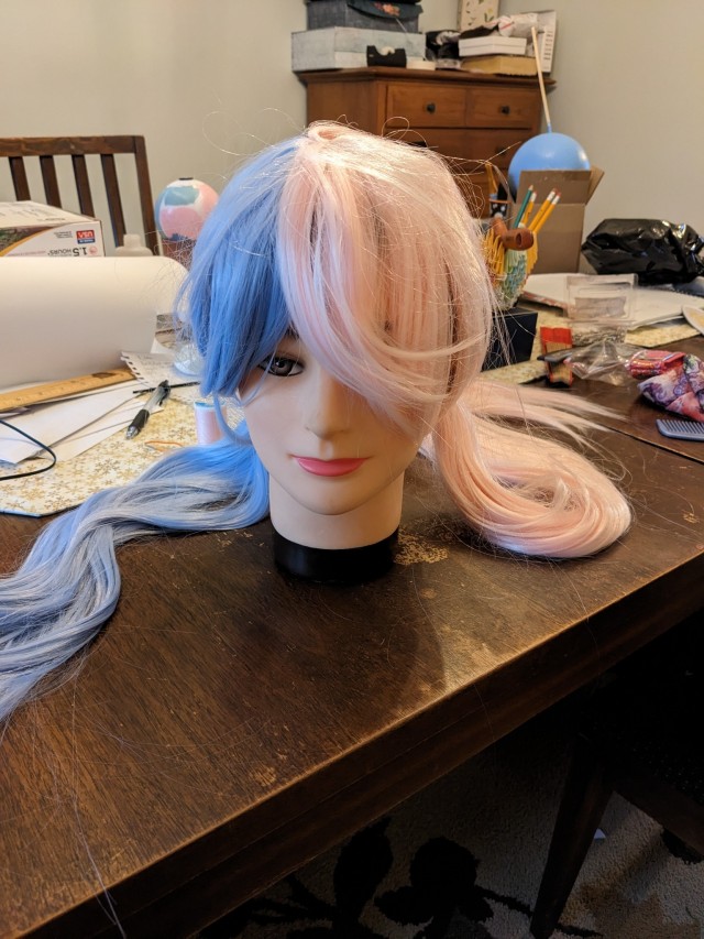 Wig splicing progress shots. It didn't turn out half bad in the ! It's holding together, at least. I'm kinda afraid to style 