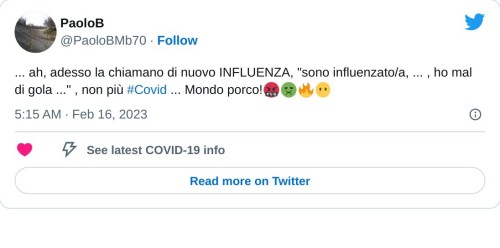 ... ah, adesso la chiamano di nuovo INFLUENZA, "sono influenzato/a, ... , ho mal di gola ..." , non più #Covid ... Mondo porco!🤬🤢🔥😶  — PaoloB (@PaoloBMb70) February 16, 2023