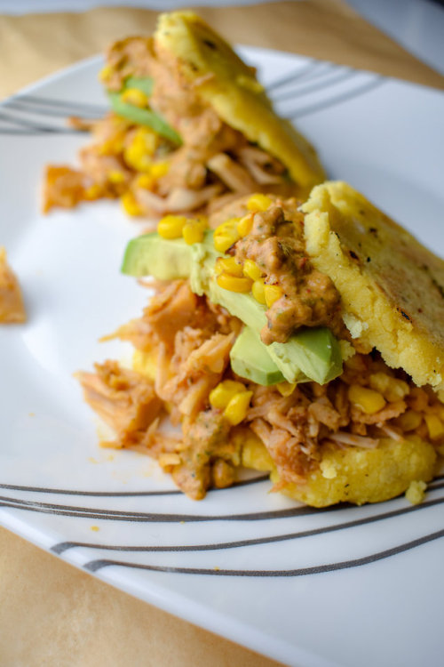 Vegan Carnitas Arepas With Charred Poblano Sauce, Jackfruit Carnitas &amp; Lime CornJackfruit Ca