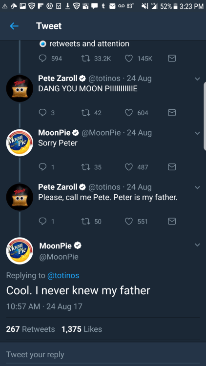queen-of-dirt: girls-to-avoid:  helthehatter:  girls-to-avoid:   everyone always talks about the wendys twitter, but  let’s talk about moonpie’s twitter   Moon pie is so nice and responsible   He’s a very good boy  Ohhh my God  