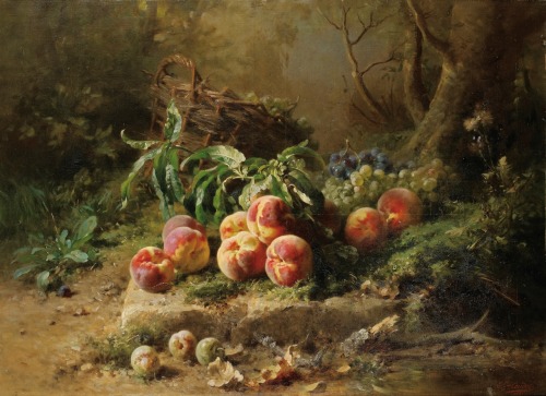 Pêches et panier de raisin dans un sous-bois / Peaches and Grapes in a Forest.1887. Oil on Can