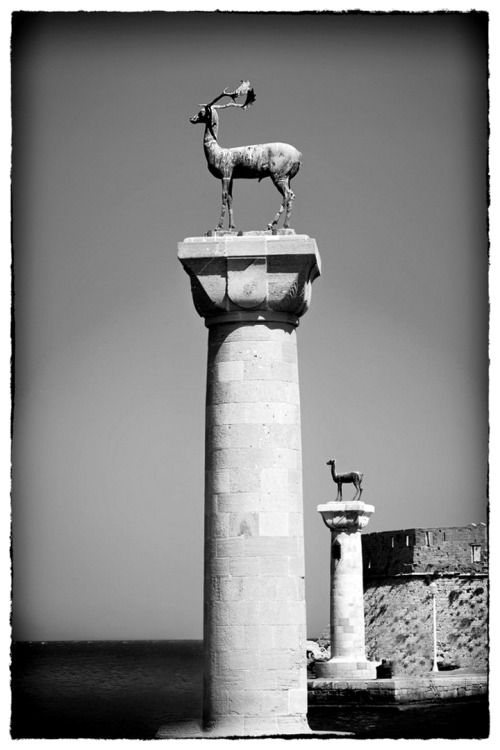 hellas-inhabitants:Rhodes,Greece.The two deer statues in Mandraki harbor, where the Colossus possibl