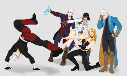 ackanime:  So Lobstmourne reblogged an art challenge and I devoted far too much time to this but I don’t care I had to draw the DMC crew being goobers. Vergil does not approve. 