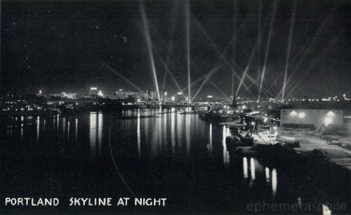 ephemera-phile: Postcard, “Portland’s skyline illuminated by the searchlights of th