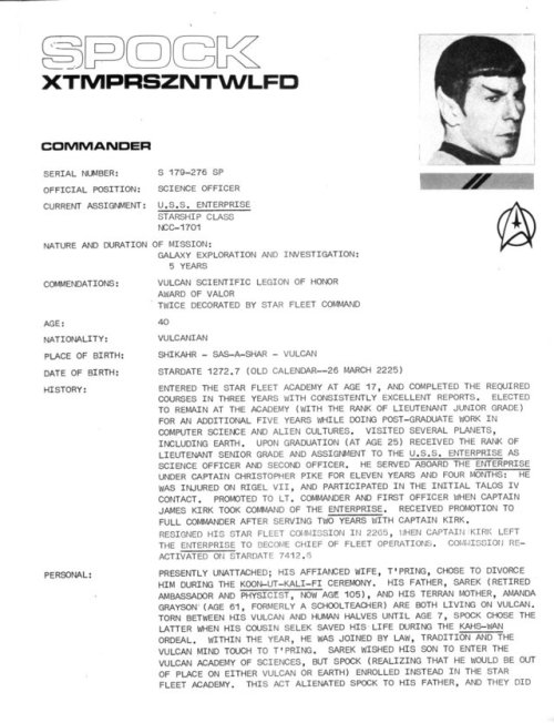 cptdorkery: stra-tek: cptdorkery: stra-tek: Spock’s service record, from Geoffrey Mandel&rsquo
