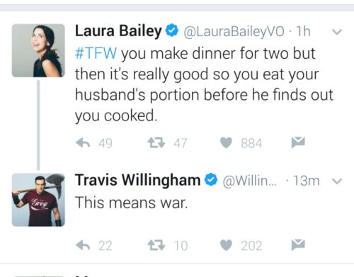 saxonsfierytemper: Laura Bailey and Travis Willingham being perfect amazing cuties on twitter. I lov