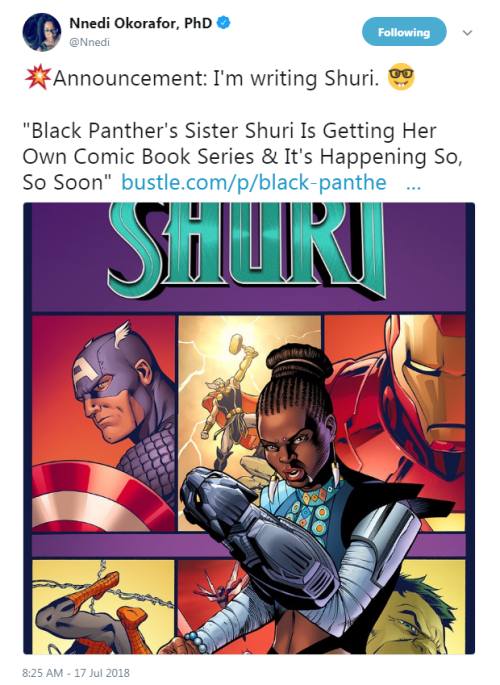 “Announcement: I&rsquo;m writing Shuri. &ldquo;Black Panther&rsquo;s Sister Shuri Is Getting Her Own
