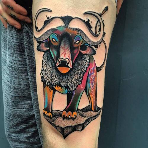 tattoofilter:  Psychedelic buffalo lion tattoo on the left thigh. Tattoo artist: Andrew Marsh · Little Andy