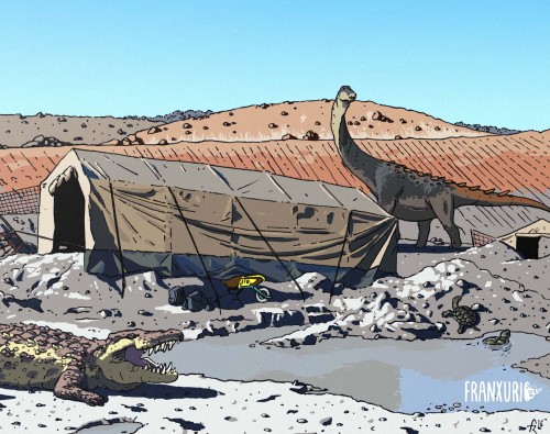 Lohuecosuchus and Lohuecotitan in the excavation site where they were discovered. (Lo Hueco, Spain)